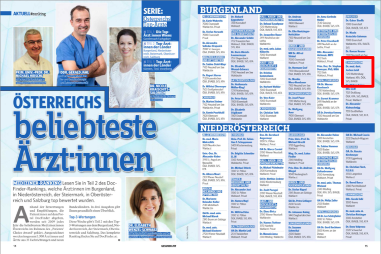 Screenshot des Berichts über Österreichs beliebteste ÄrztInnen in gesund&fit vom 28.3.2022