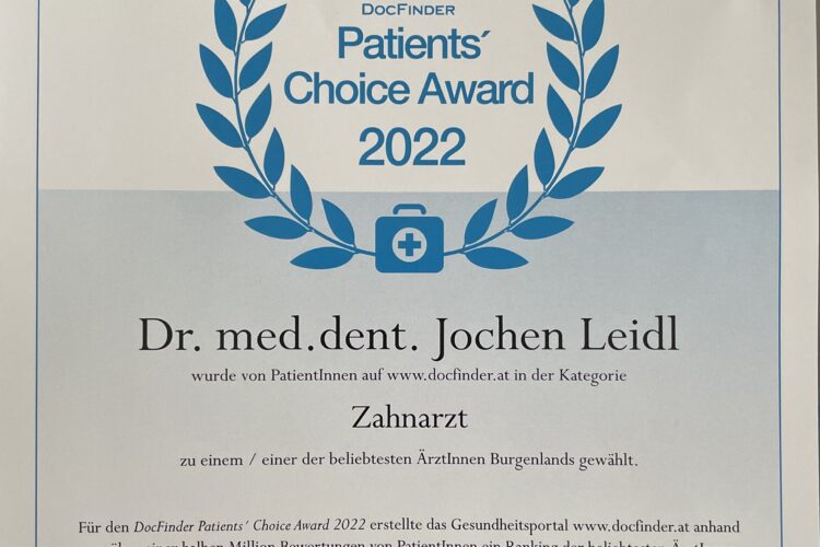 Patients-Choice-Award-Urkunde 2022 für Dr. Jochen Leidl